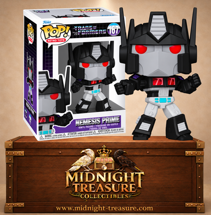Funko Pop! Retro Toys N°167 Nemesis Prime de Transformers avec armure noire et grise, yeux rouges et insigne Decepticon.