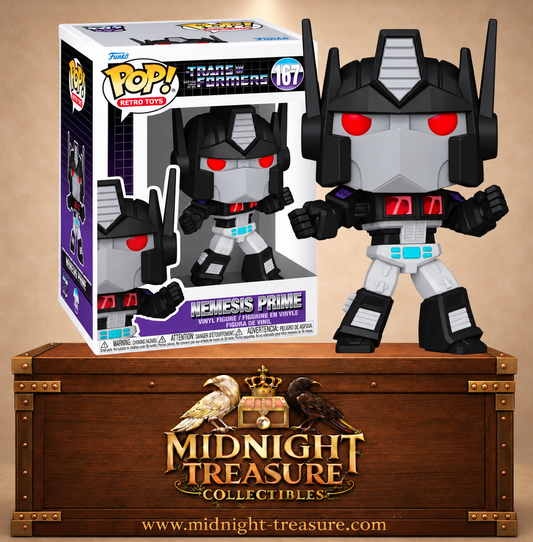 Funko Pop! Retro Toys N°167 Nemesis Prime de Transformers avec armure noire et grise, yeux rouges et insigne Decepticon.