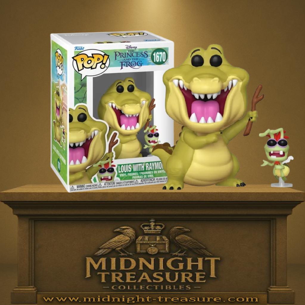 Funko Pop! Disney – Louis with Raymond – The Princess and the Frog (La Princesse et la Grenouille) (N°1670). Louis l’alligator tenant une trompette avec Raymond la luciole, figurine duo emblématique du film Disney.