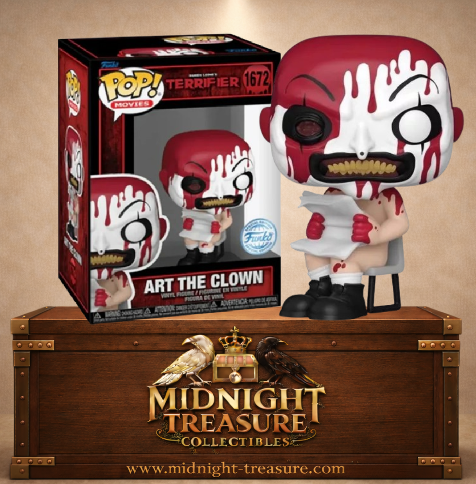 Funko Pop! Movies N°1672 – Art the Clown – Terrifier. Figurine sanglante représentant Art assis avec un journal et un œil crevé.