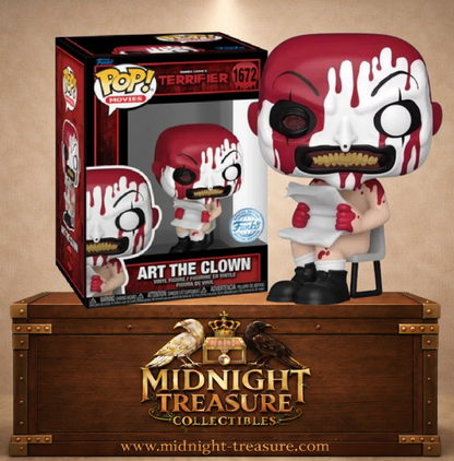 Funko Pop! Movies N°1672 – Art the Clown – Terrifier. Figurine sanglante représentant Art assis avec un journal et un œil crevé.