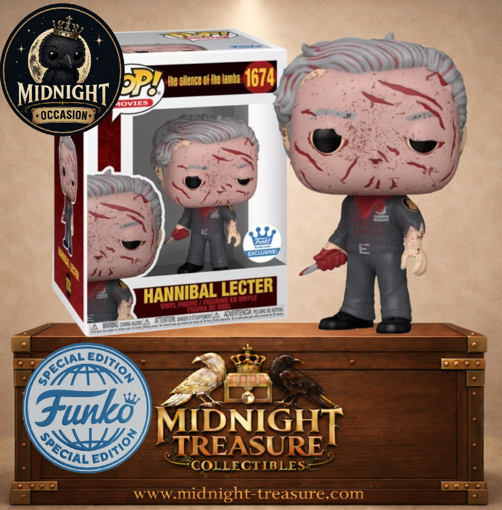 Funko Pop! Le Silence des agneaux N°1674 – Hannibal Lecter Ensanglanté – visage en peau humaine et tenue de gardien. Une figurine marquante parfaite pour les fans de thriller.