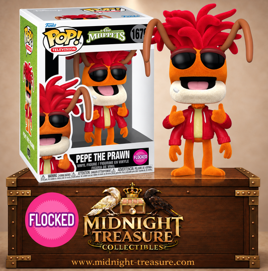 Funko Pop! Television N°1678 Pepe le Roi Crevette des Muppets en version floquée avec quatre bras, veste rouge et lunettes noires.