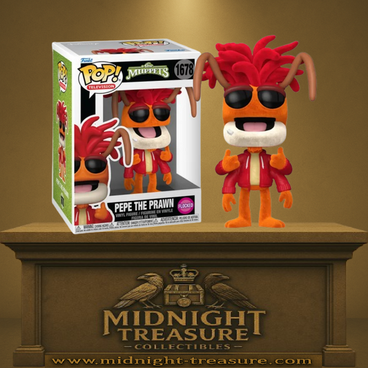 Funko Pop! The Muppets – Pepe the Prawn (Pepe le Roi Crevette) N°1678. Figurine flocked avec lunettes noires, veste rouge et pose iconique.