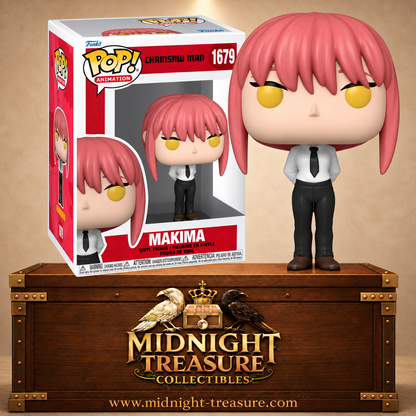 Funko Pop! Animation N°1679 Makima de Chainsaw Man avec cheveux rouge rosé, yeux jaunes et uniforme noir et blanc de la Sécurité publique.