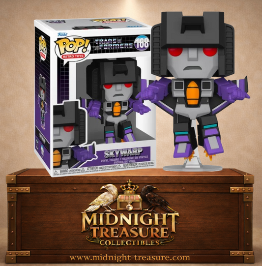 Funko Pop! Retro Toys N°168 – Skywarp – Transformers. Figurine Decepticon avec effet de propulsion et couleurs noir et violet.
