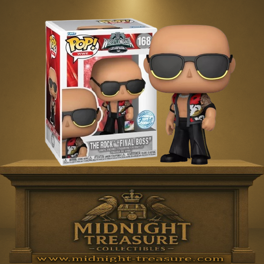 Funko Pop! WWE – The Rock “Final Boss” (N°168). The Rock portant des lunettes de soleil et un gilet ouvert, version WrestleMania au charisme dominant.