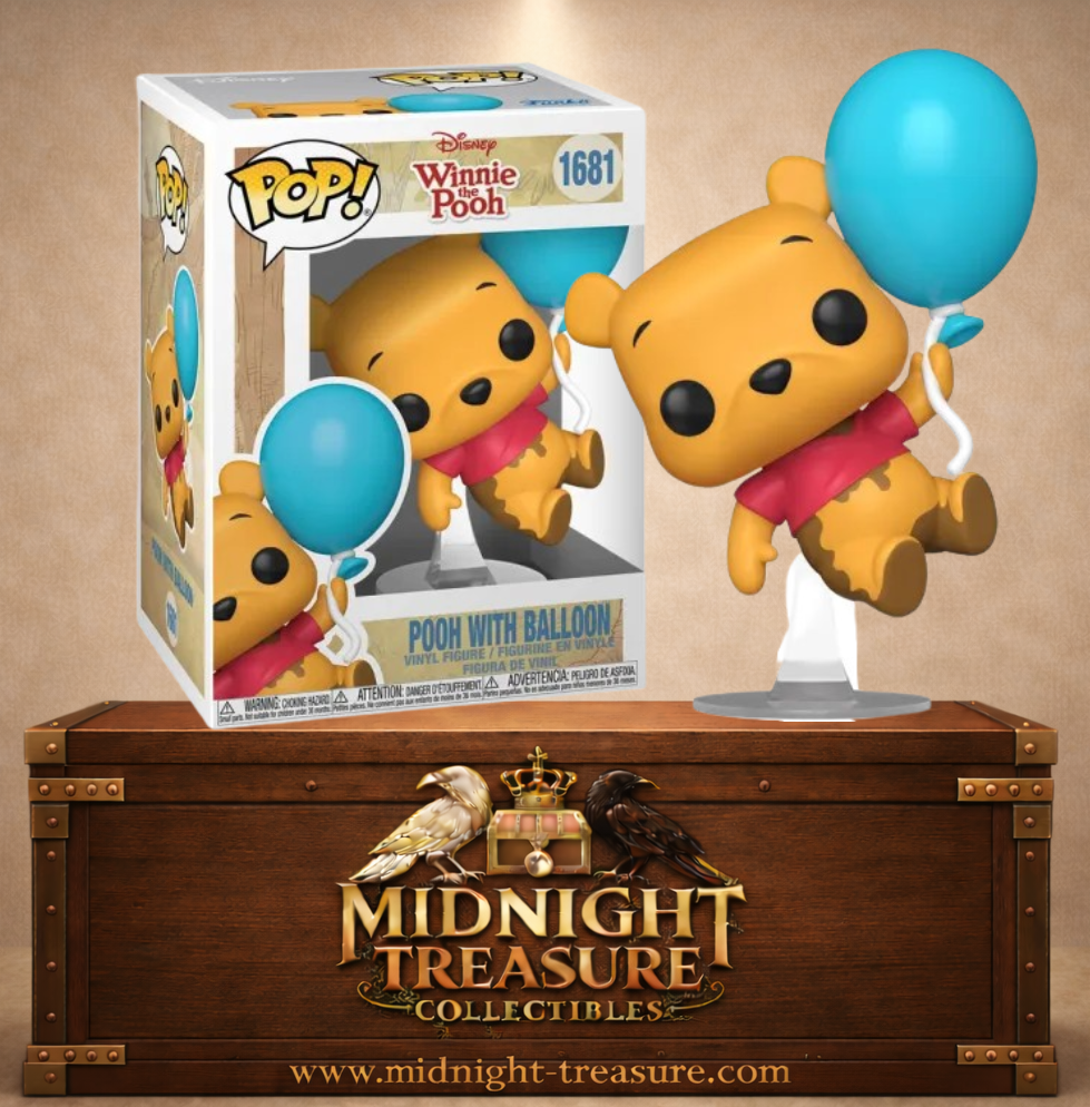 Funko Pop! Disney N°1681 – Pooh with Balloon (Winnie l'Ourson avec Ballon) suspendu à un ballon bleu dans une scène inspirée de Winnie the Pooh.
