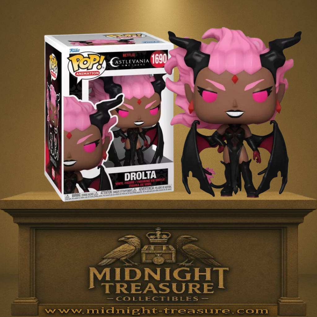 Funko Pop! Castlevania Nocturne – Drolta Tzuentes (N°1690). Vampire démoniaque aux cheveux roses, cornes noires et ailes de chauve-souris, fidèle au design de la série Netflix.