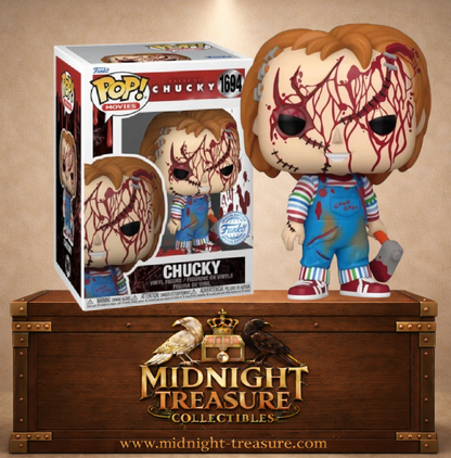 Funko Pop! Movies N°1694 – Chucky Bloody – Bride of Chucky. Figurine avec visage recousu et éclaboussures de sang, tenant un couteau ensanglanté.