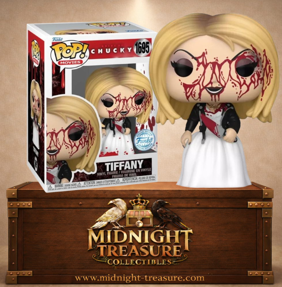 Funko Pop! Movies N°1695 – Tiffany Bloody – Bride of Chucky. Figurine avec robe blanche et éclaboussures de sang sur le visage et la tenue.