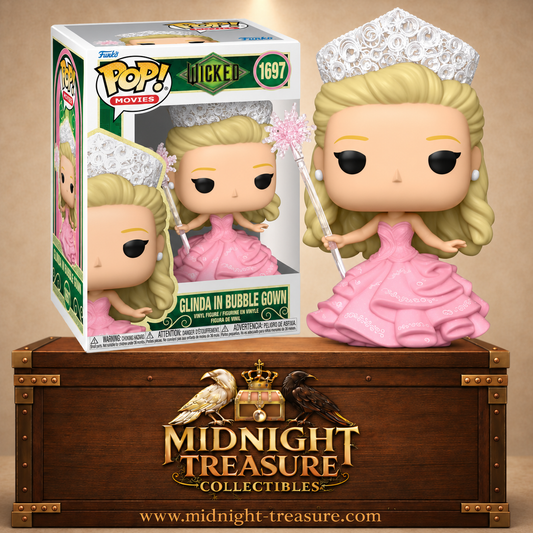 Funko Pop! Movies N°1697 Glinda de Wicked en robe rose à volants avec couronne argentée et baguette magique.