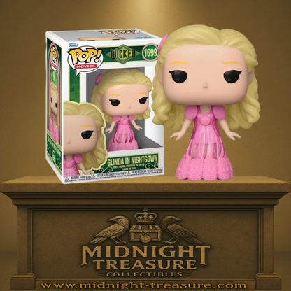 Funko Pop! Wicked – Glinda in Nightgown (Glinda en robe de nuit) (N°1699). Glinda en robe rose de nuit avec détails floraux, figurine élégante et fidèle à l’univers de Wicked.