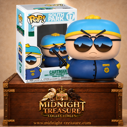 Funko Pop! Television N°17 Eric Cartman de South Park en adjoint de police avec lunettes de soleil, uniforme bleu et matraque noire.