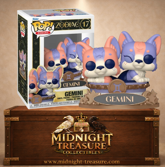 Funko Pop! Zodiac N°17 – Gemini Gémeaux avec duo de créatures pastel violettes et orangées sur socle astrologique.