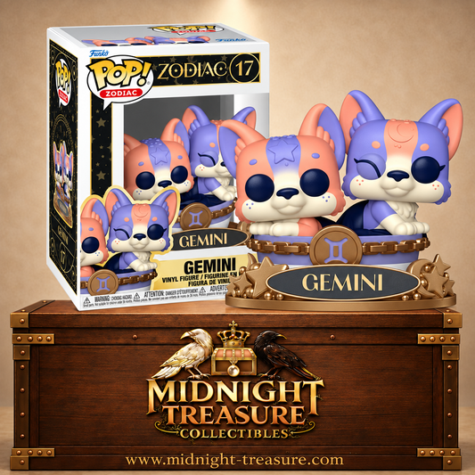 Funko Pop! Zodiac N°17 – Gemini Gémeaux avec duo de créatures pastel violettes et orangées sur socle astrologique.