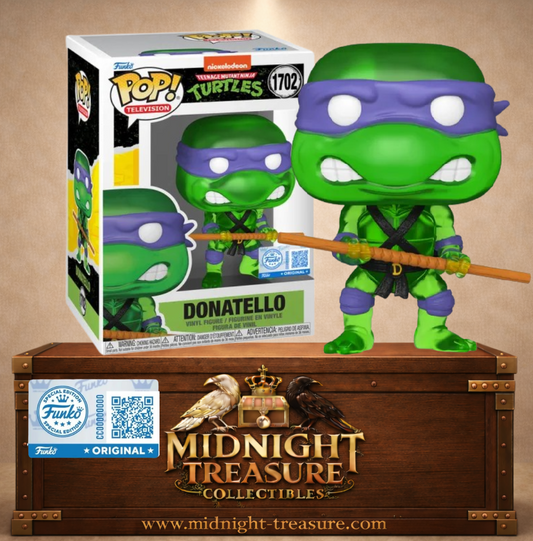 Funko Pop! Tortues Ninja N°1702 – Donatello Translucide – figurine verte transparente avec bâton bo et bandeau violet. Une figurine originale parfaite pour les fans des TMNT.