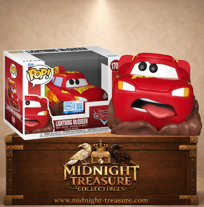 Funko Pop! Disney Cars N°1708 – Flash McQueen couvert de boue avec la langue tirée après une sortie de piste inspirée de la saga Cars.