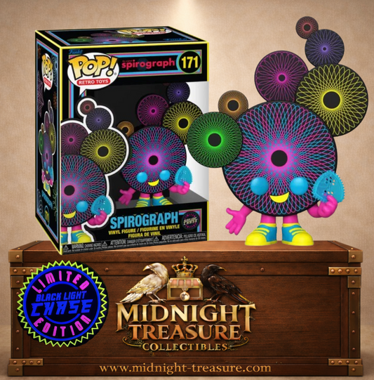 Funko Pop! Retro Toys N°171 – Spirograph Blacklight Chase avec motifs géométriques fluorescents multicolores sur fond noir.