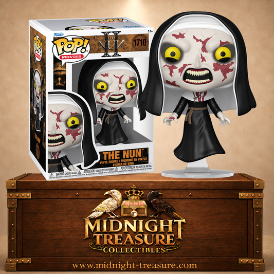 Funko Pop! Movies N°1710 La Nonne en lévitation de La Nonne : La Malédiction de Sainte-Lucie, avec visage démoniaque fissuré et yeux jaunes.