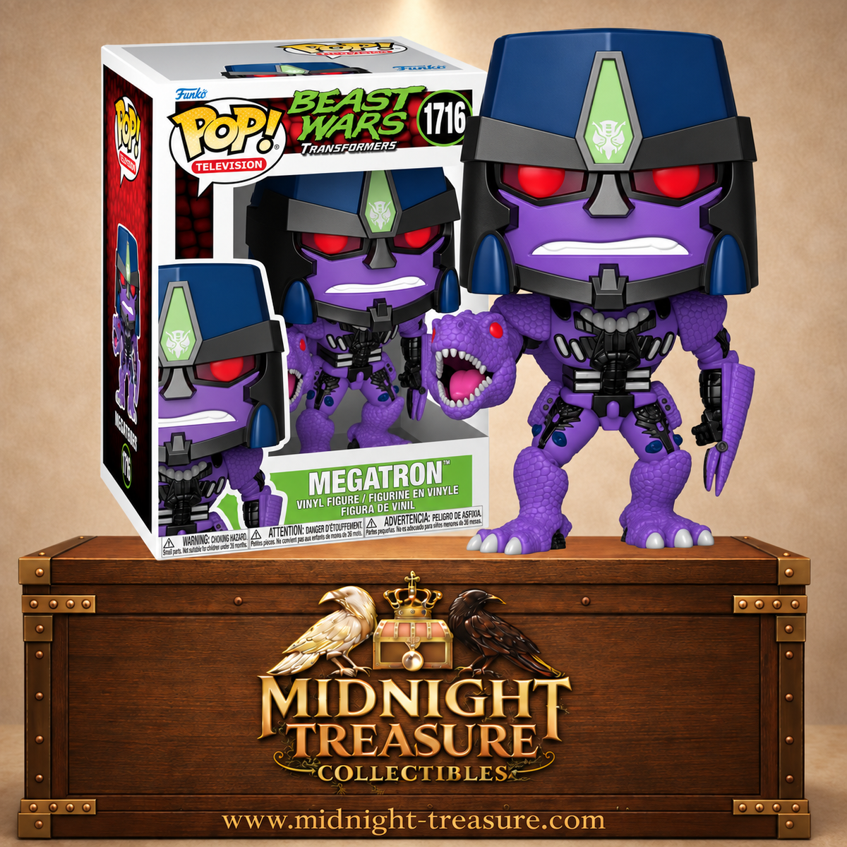 Funko Pop! Television N°1716 Megatron de Beast Wars Transformers, chef Predacon violet avec tête de tyrannosaure intégrée au bras.