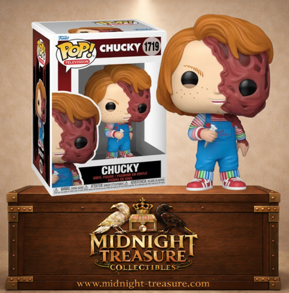 Funko Pop! Television N°1719 – Chucky – série Chucky. Figurine Chucky avec visage fondu tenant un couteau et portant la tenue Good Guys.