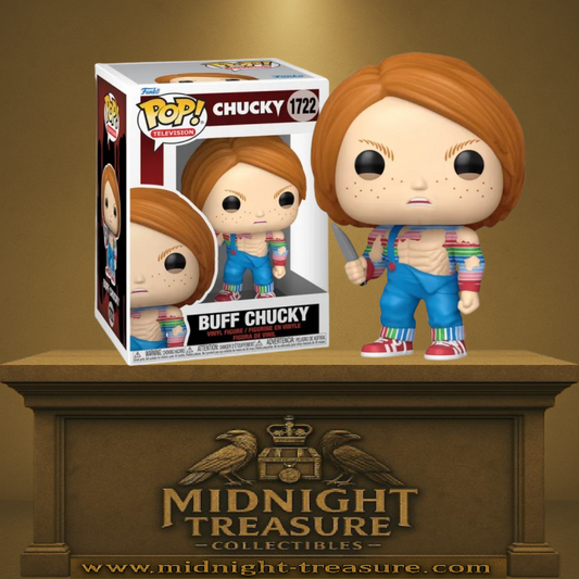 Funko Pop! Chucky – Buff Chucky (Chucky musclé) (N°1722). Chucky version musclée avec couteau, figurine issue de la série TV Chucky.