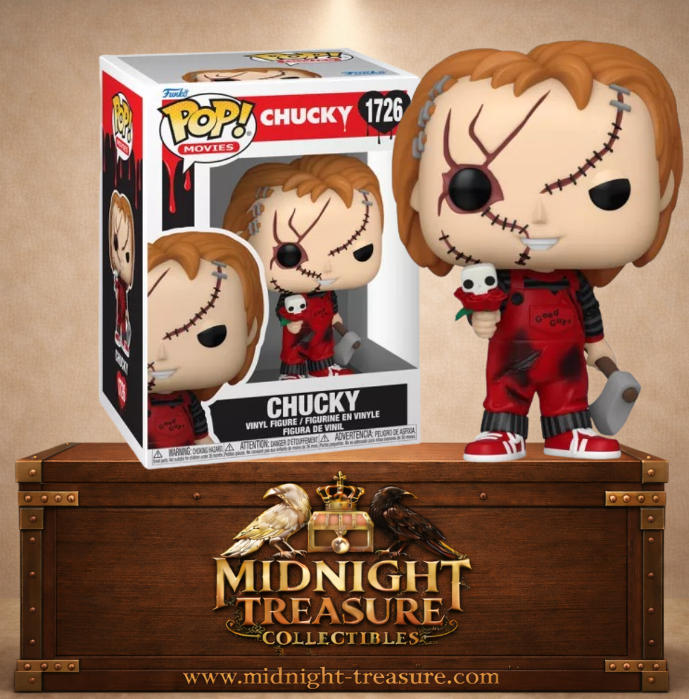 Funko Pop! Movies N°1726 – Chucky Saint Valentin avec rose et hache.