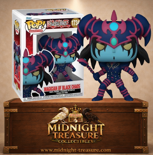 Funko Pop! Animation N°1734 – Magician of Black Chaos, Magicien du Chaos Sombre de Yu-Gi-Oh!, avec son armure bleu nuit, sa coiffe et son sceptre.