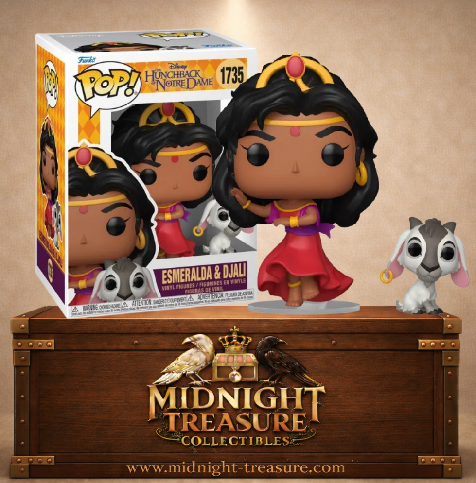 Funko Pop! Disney N°1735 – Esmeralda dans sa tenue de danse accompagnée de sa chèvre Djali inspirée du film The Hunchback of Notre Dame (Le Bossu de Notre-Dame).