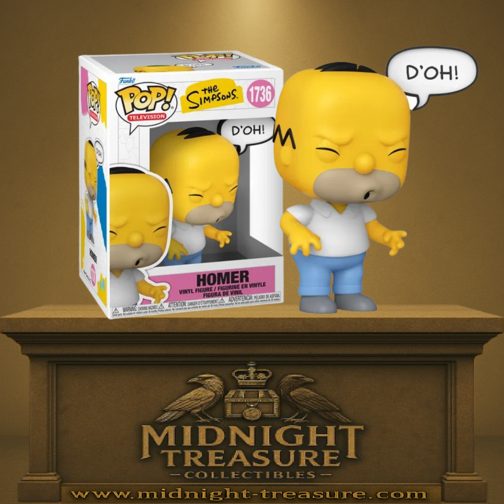 Funko Pop! The Simpsons – Homer “D’OH!” (N°1736). Figurine Homer Simpson avec expression culte et bulle “D’OH!”, tenue classique polo blanc et short bleu.