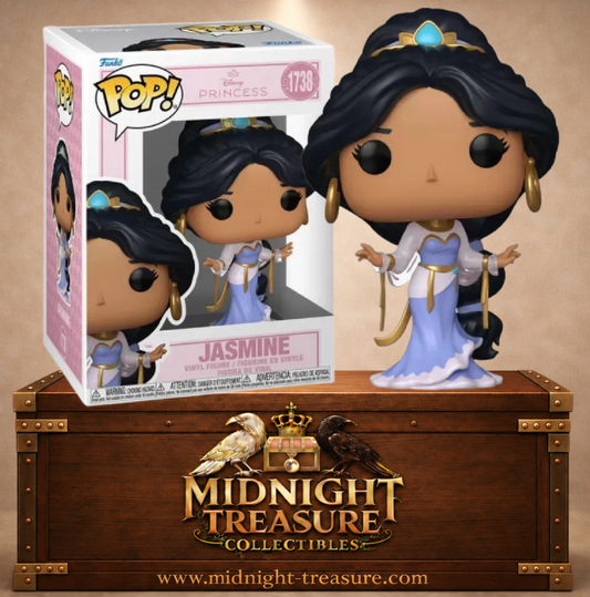 Funko Pop! Disney Princess N°1738 Jasmine Grand Entrance d’Aladdin avec robe lavande et blanche, ornements dorés et diadème turquoise.