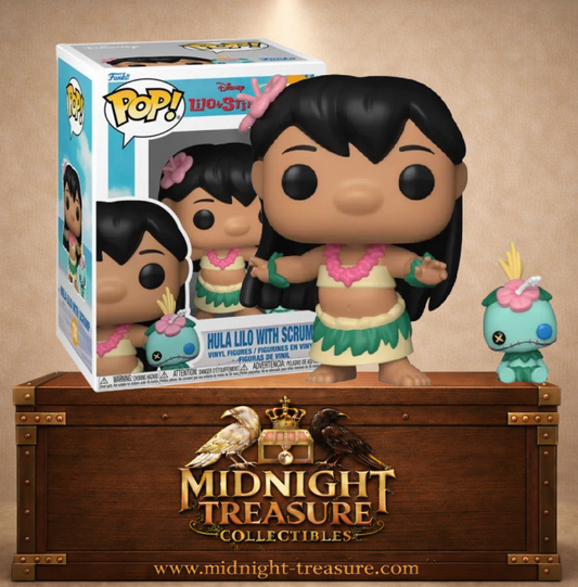 Funko Pop! Disney N°1741 – Hula Lilo with Scrump représentant Lilo en tenue de danse hawaïenne accompagnée de sa poupée Scrump inspirée de Lilo & Stitch.
