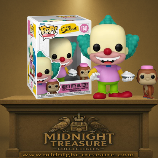 Funko Pop! The Simpsons – Krusty With Mr. Teeny (Krusty avec Mr. Teeny) (N°1741). Krusty le Clown tenant une tarte à la crème accompagné de son singe Mr. Teeny, fidèle à la série.