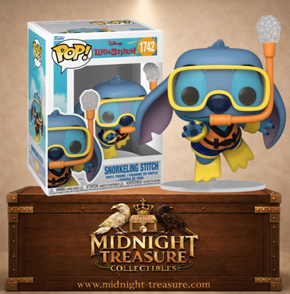 Funko Pop! Disney N°1742 – Stitch équipé d'un masque, d'un tuba et de palmes prêt à explorer les fonds marins d'Hawaï.