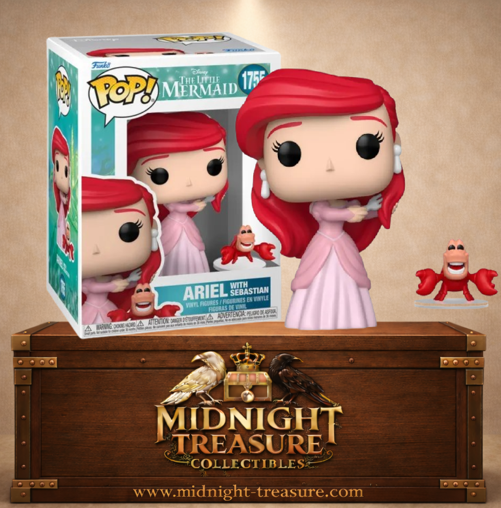 Funko Pop! & Buddy N°1755 Ariel avec Sébastien de La Petite Sirène, Ariel en robe rose tenant une fourchette accompagnée du crabe Sébastien.