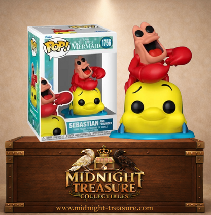 Funko Pop! N°1756 Sébastien et Polochon de La Petite Sirène, avec Sébastien perché sur la tête de Polochon.