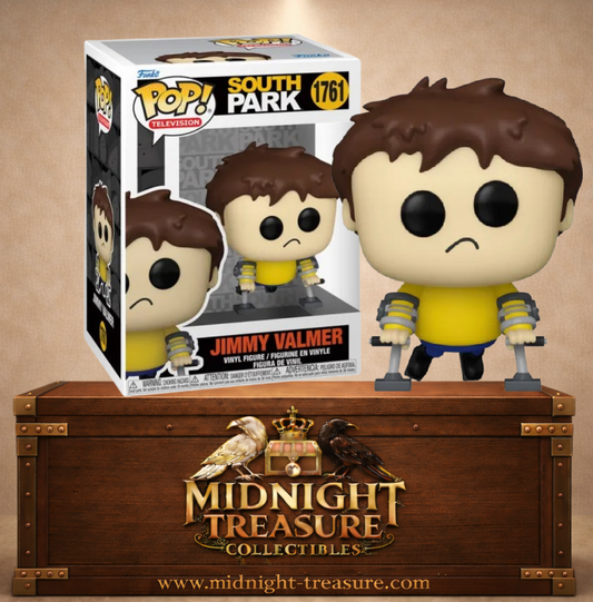 Funko Pop! Television N°1761 – Jimmy Valmer – South Park. Figurine avec béquilles et t-shirt jaune.