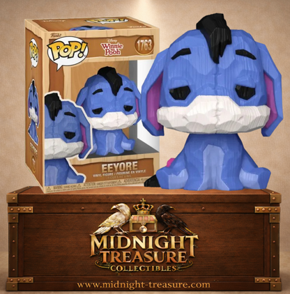 Funko Pop! N°1763 Bourriquet Eeyore Whittled Deco de Winnie l’Ourson avec finition effet bois sculpté et pelage bleu.