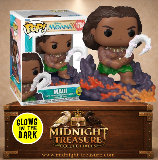 Funko Pop! Disney N°1764 – Maui Glow in the Dark avec son hameçon magique et un décor de lave inspiré de Vaiana.