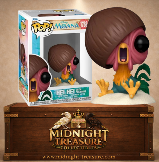 Funko Pop! Disney N°1768 – Hei Hei avec une noix de coco coincée sur la tête, inspiré du film Vaiana.
