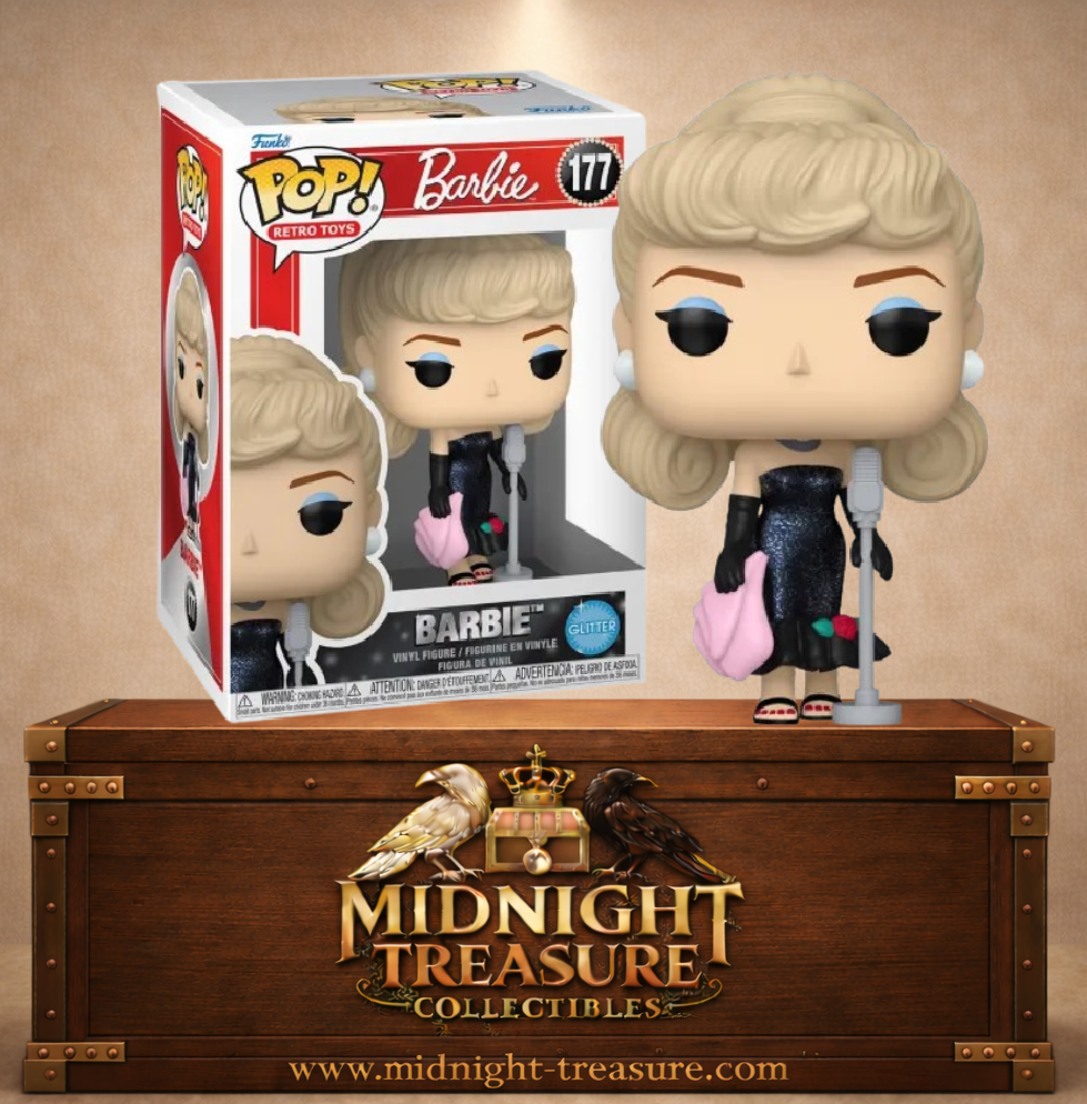 Funko Pop! Retro Toys N°177 Barbie Pailletée en tenue Seule sous les projecteurs avec robe noire scintillante, étole rose et microphone.