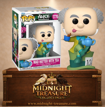 Funko Pop! N°1770 Le Chapelier Fou avec thé d’Alice au pays des merveilles, assis sur son chapeau 10/6 avec tasse et théière.