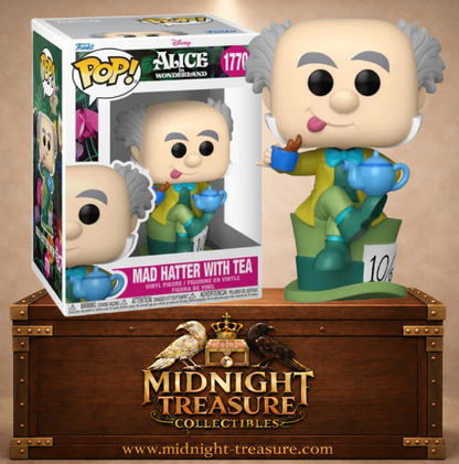 Funko Pop! N°1770 Le Chapelier Fou avec thé d’Alice au pays des merveilles, assis sur son chapeau 10/6 avec tasse et théière.
