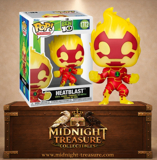 Funko Pop! Television N°1772 – Heatblast (Inferno) – Ben 10. Figurine de l’alien de feu avec flammes sur la tête et symbole Omnitrix.