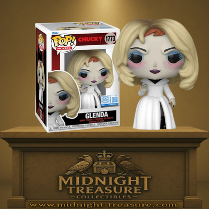 Funko Pop! Chucky – Glenda (N°1773). Personnage horrifique en robe blanche élégante, expression froide et maquillage marqué, issu de la saga Chucky.