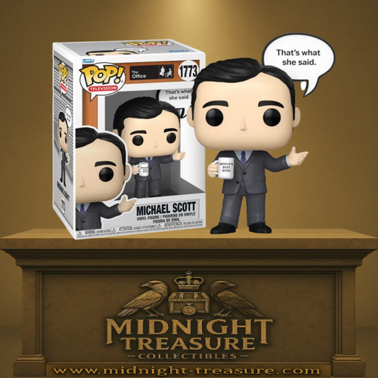 Funko Pop! The Office â Michael Scott (Thatâs What She Said.) â N°1773. Figurine avec costume gris, tasse âWorldâs Best Bossâ et bulle de dialogue emblĂ©matique. Parfaite pour les fans de la sĂ©rie.