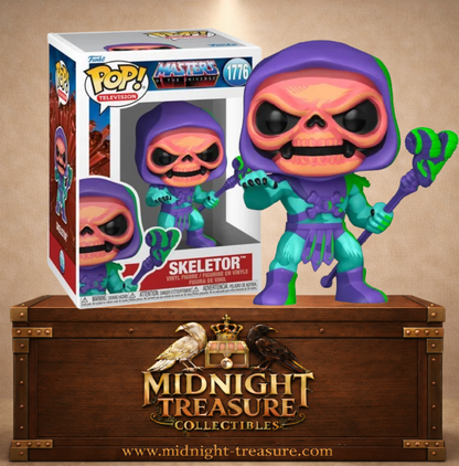 Funko Pop! Les Maîtres de l’Univers N°1776 – Skeletor version Retro Neon avec couleurs fluorescentes et bâton du chaos.