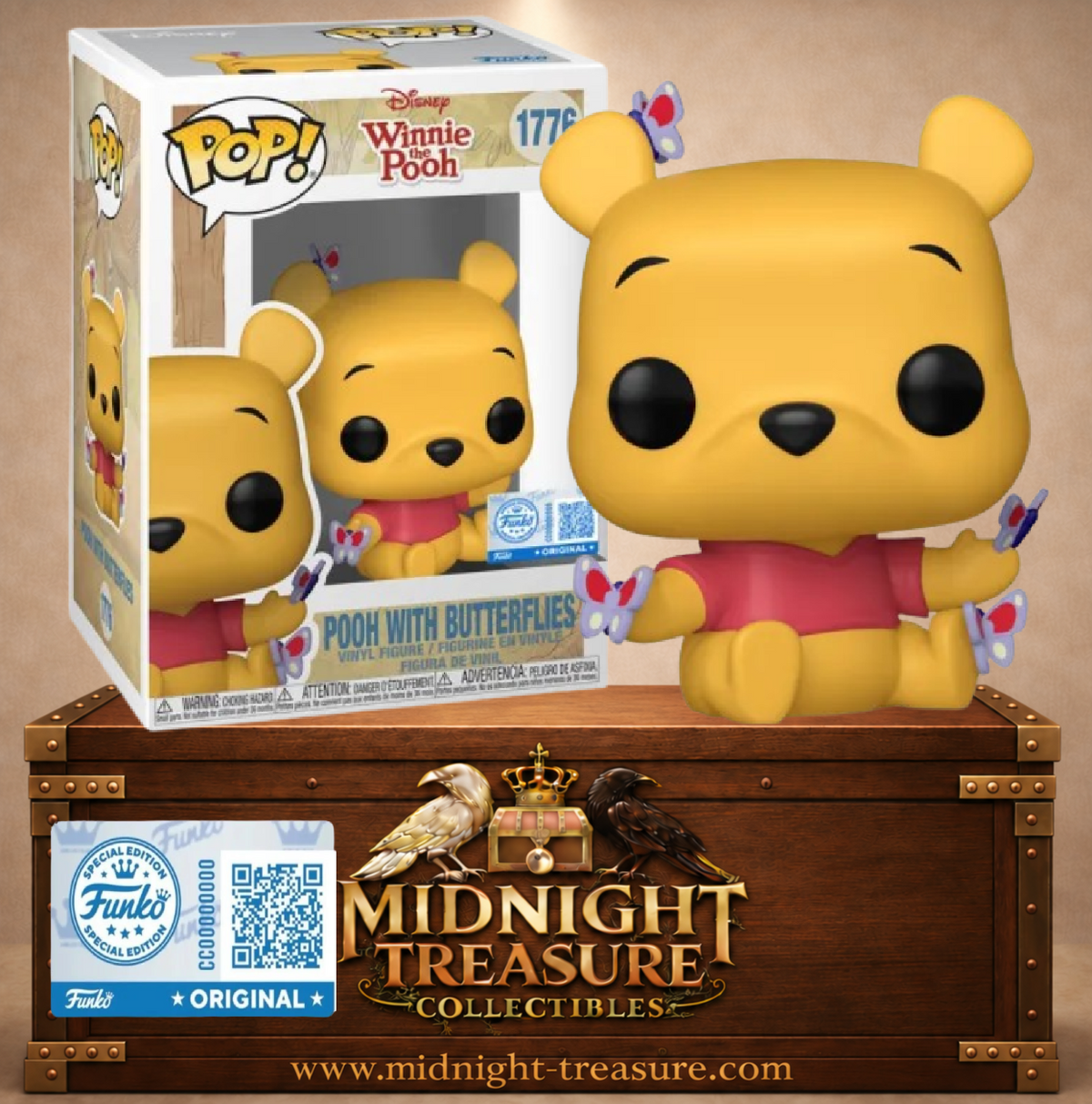 Funko Pop! Disney N°1776 Winnie l’Ourson assis avec quatre papillons colorés posés autour de lui.