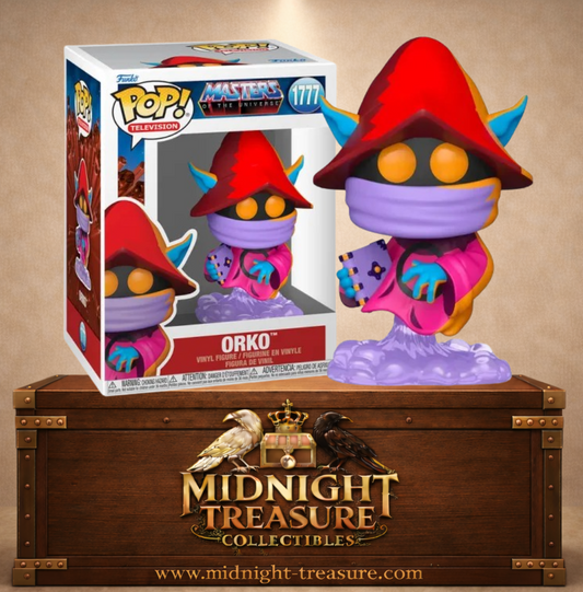 Funko Pop! Television N°1777 – Orko Retro Neon – Masters of the Universe. Figurine colorée avec effet lévitation et grimoire.